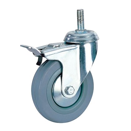 Колесная опора поворотная с тормозом, болтовое крепление, колесо ⌀125 мм - серая резина